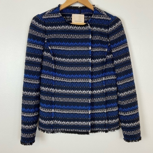 Rebecca Taylor Tweed Blue Fringe Trim Woven Blazer ASO Kate Middleton Old Money - Picture 5 of 12